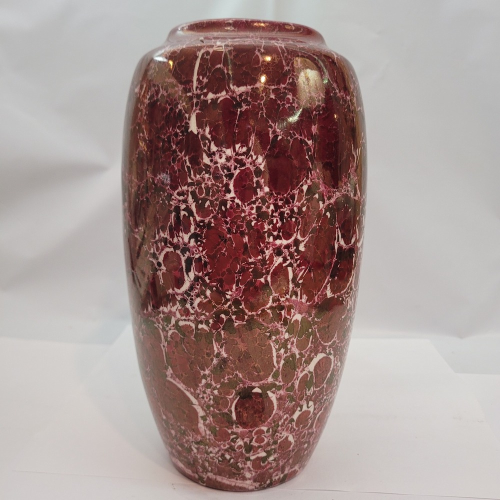 Vintage Modern Marbled Ceramic Vase Home Decor Burgundy White Green 8.5 Inch